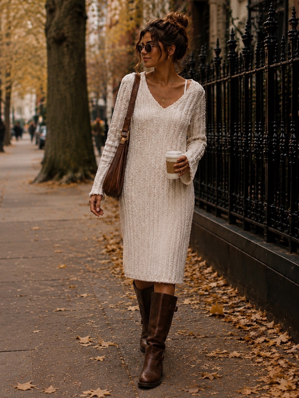 H&M cozy teddy soft knit V-Neck bouclé midi Sweater Dress Cream Belle sleeve M